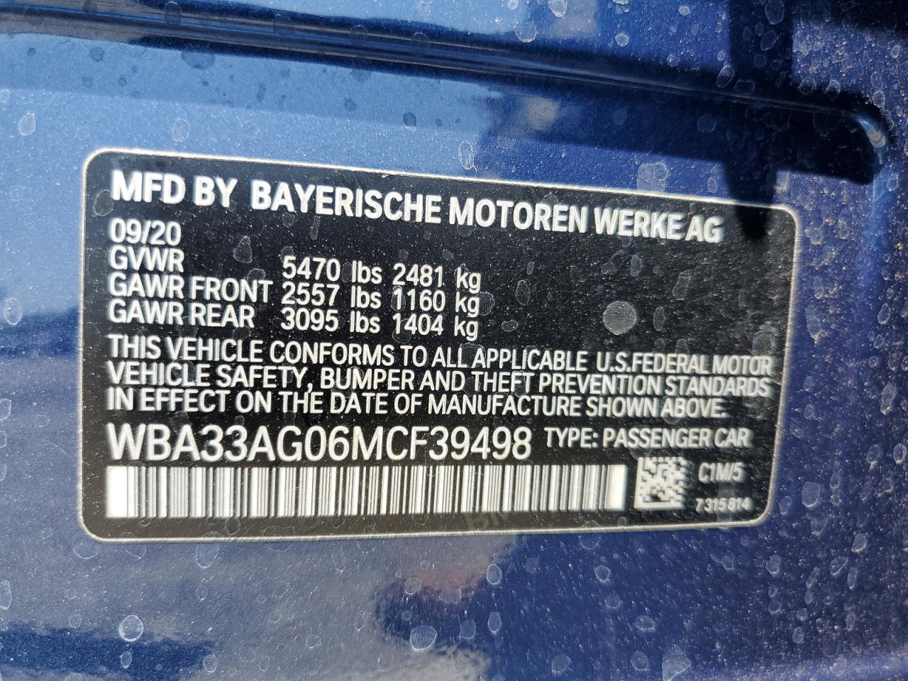 2021 BMW 530Xe VIN: WBA33AG06MCF39498 Lot: 61607135