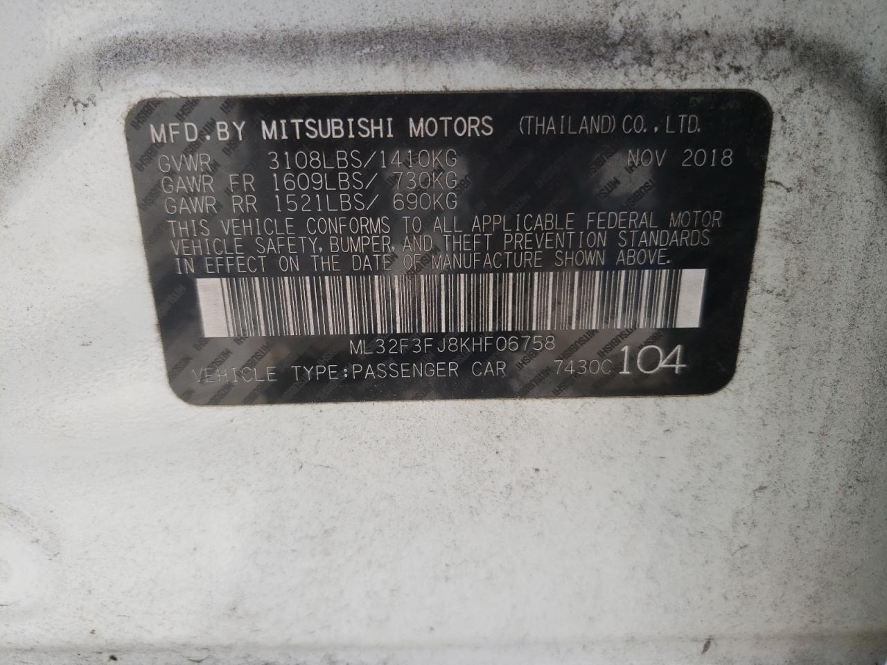 2019 Mitsubishi Mirage G4 Es VIN: ML32F3FJ8KHF06758 Lot: 62404005