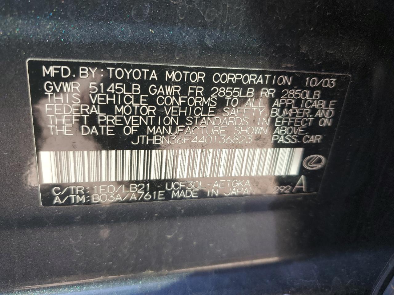 2004 Lexus Ls 430 VIN: JTHBN36F440136823 Lot: 58559925