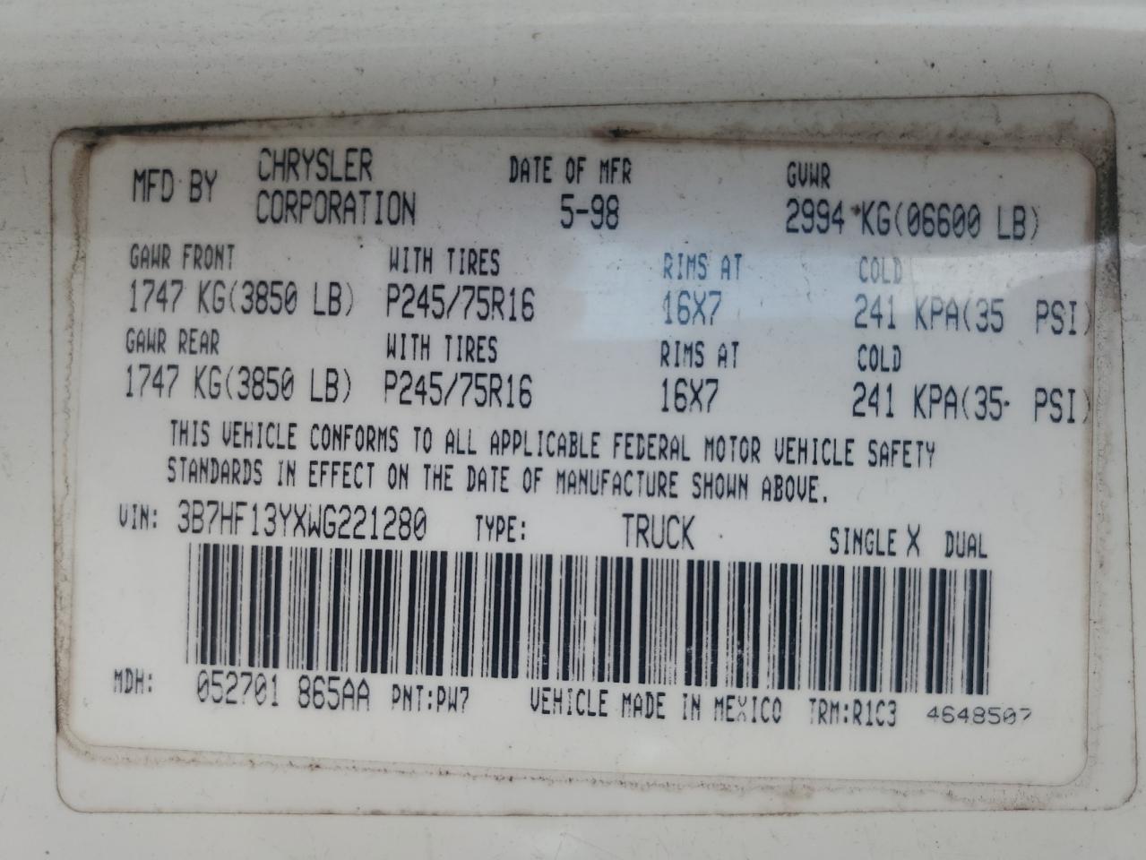 1998 Dodge Ram 1500 VIN: 3B7HF13YXWG221280 Lot: 62309615