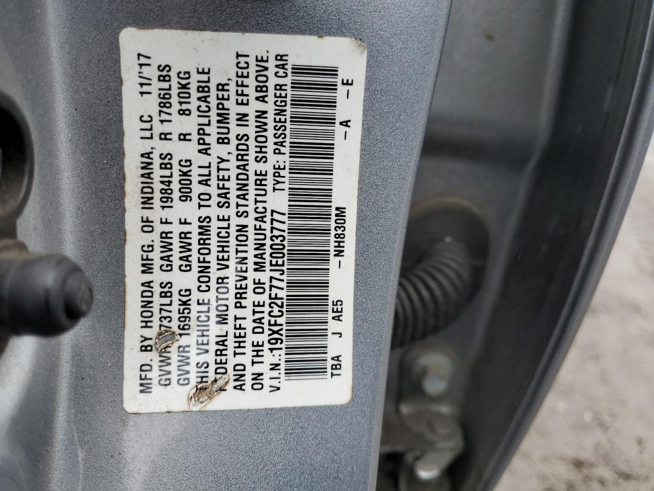 2018 Honda Civic Ex VIN: 19XFC2F77JE003777 Lot: 96892475