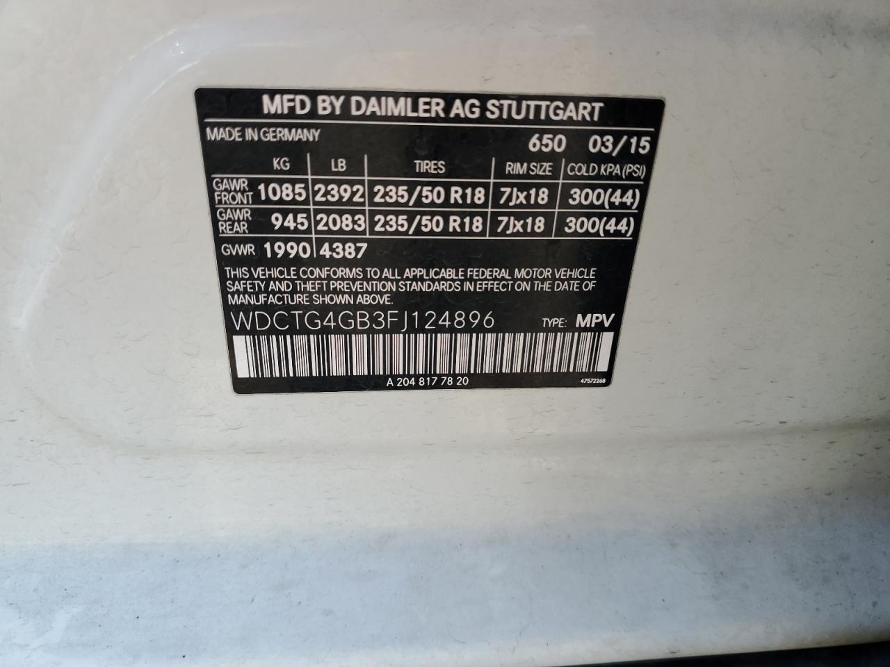 2015 Mercedes-Benz Gla 250 4Matic VIN: WDCTG4GB3FJ124896 Lot: 61782245