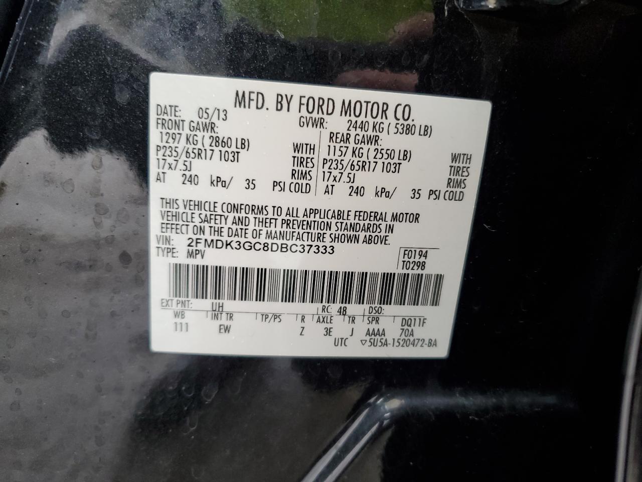 2013 Ford Edge Se VIN: 2FMDK3GC8DBC37333 Lot: 60965485