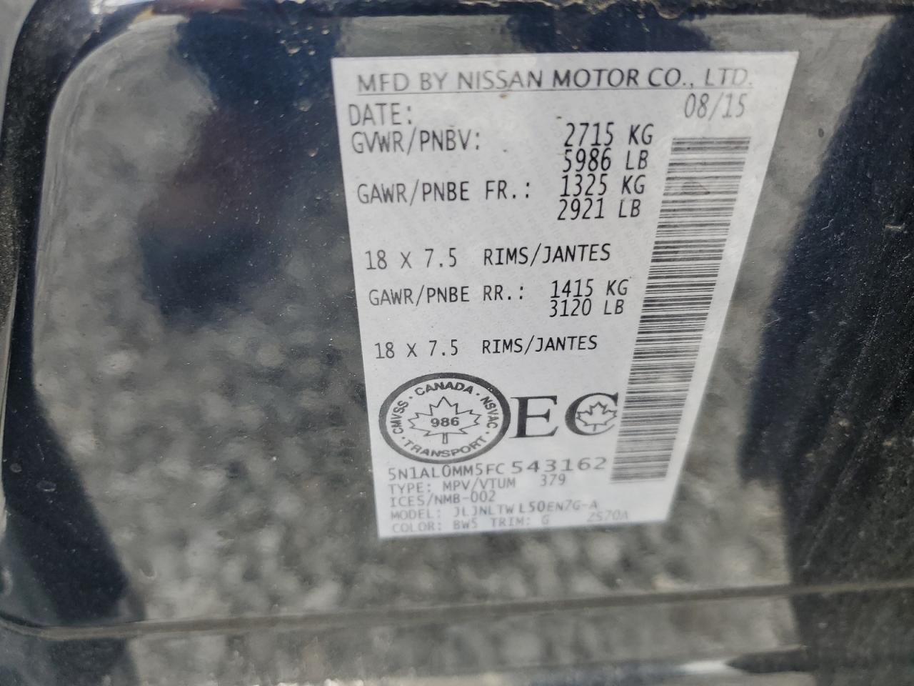 2015 Infiniti Qx60 VIN: 5N1AL0MM5FC543162 Lot: 63165395