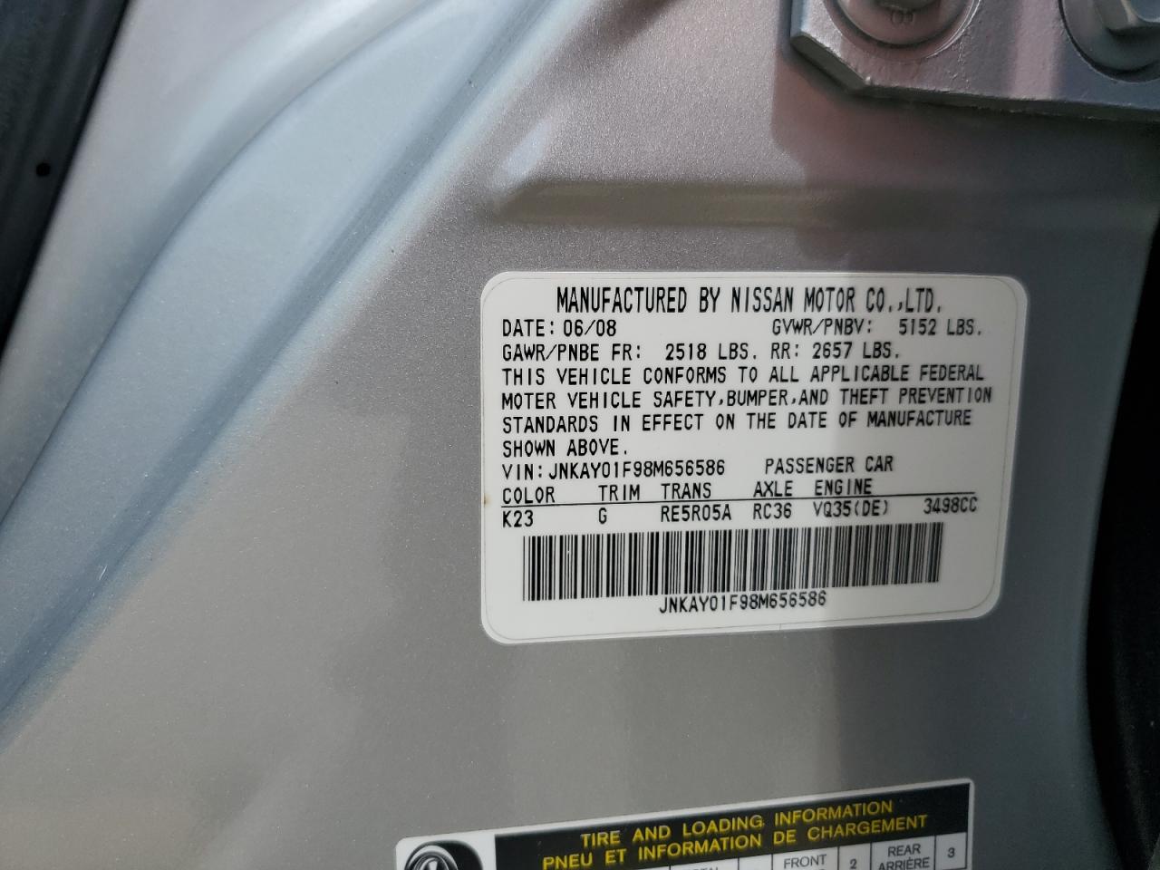 2008 Infiniti M35 Base VIN: JNKAY01F98M656586 Lot: 62480865