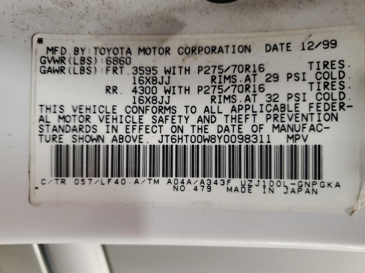 2000 Lexus Lx 470 VIN: JT6HT00W8Y0098311 Lot: 60978585