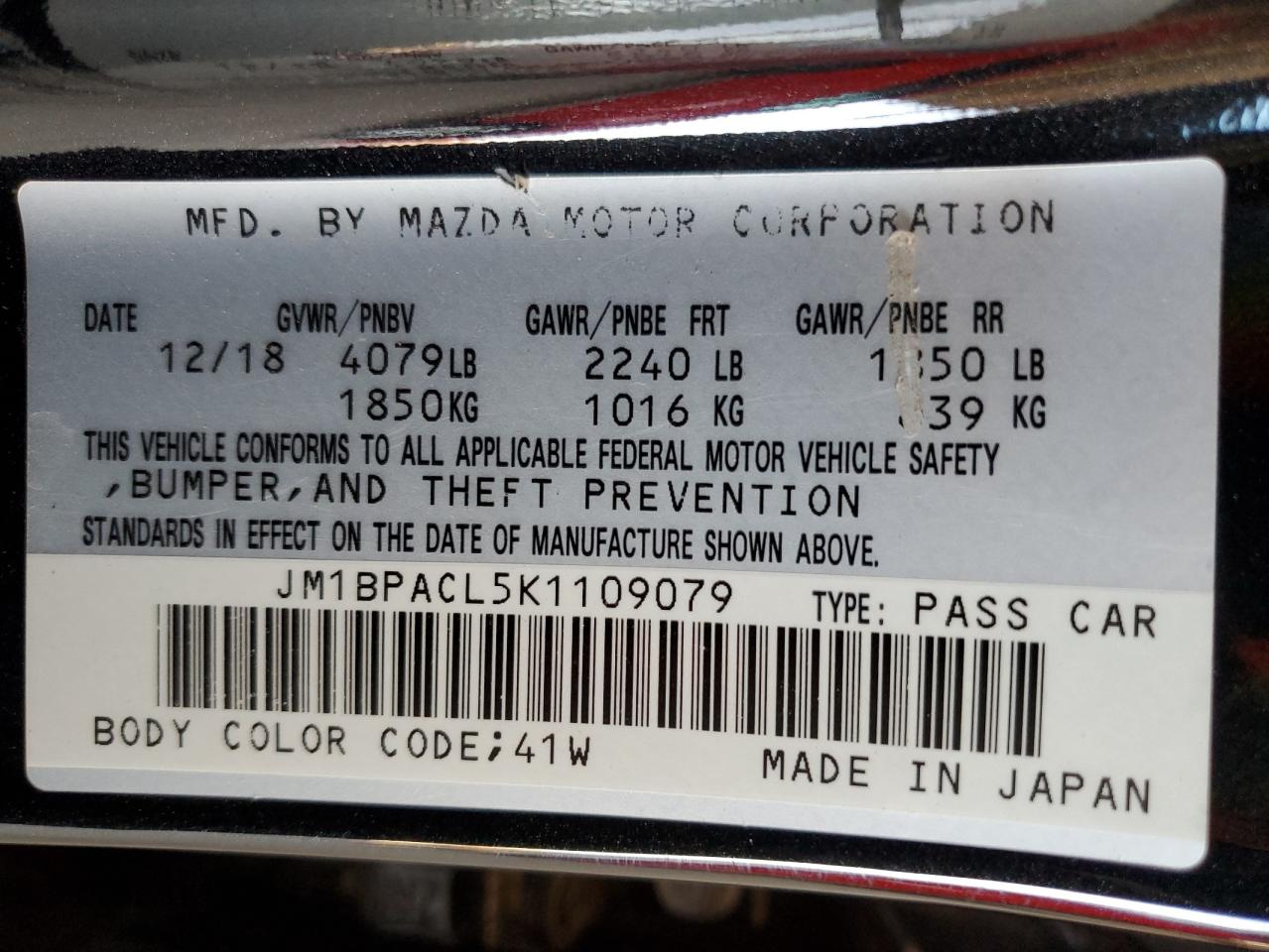 2019 Mazda 3 Preferred Plus VIN: JM1BPACL5K1109079 Lot: 61504305