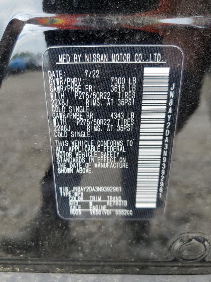 2022 Nissan Armada Platinum VIN: JN8AY2DA3N9392961 Lot: 60621845