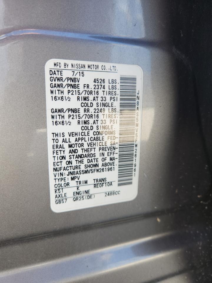 2015 Nissan Rogue Select S VIN: JN8AS5MV5FW261961 Lot: 63112185
