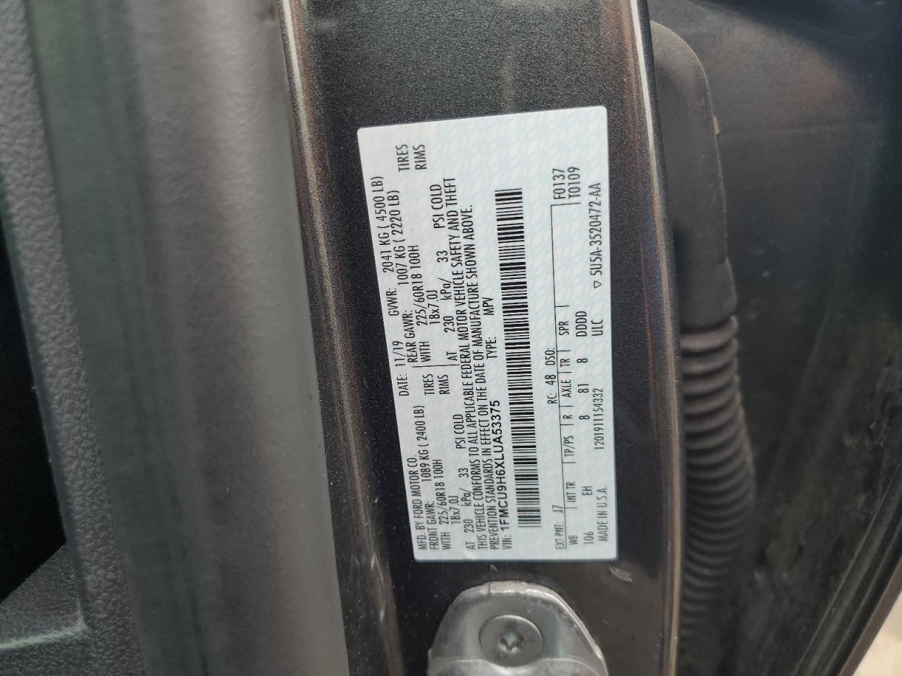 2020 Ford Escape Sel VIN: 1FMCU9H6XLUA53375 Lot: 62961135