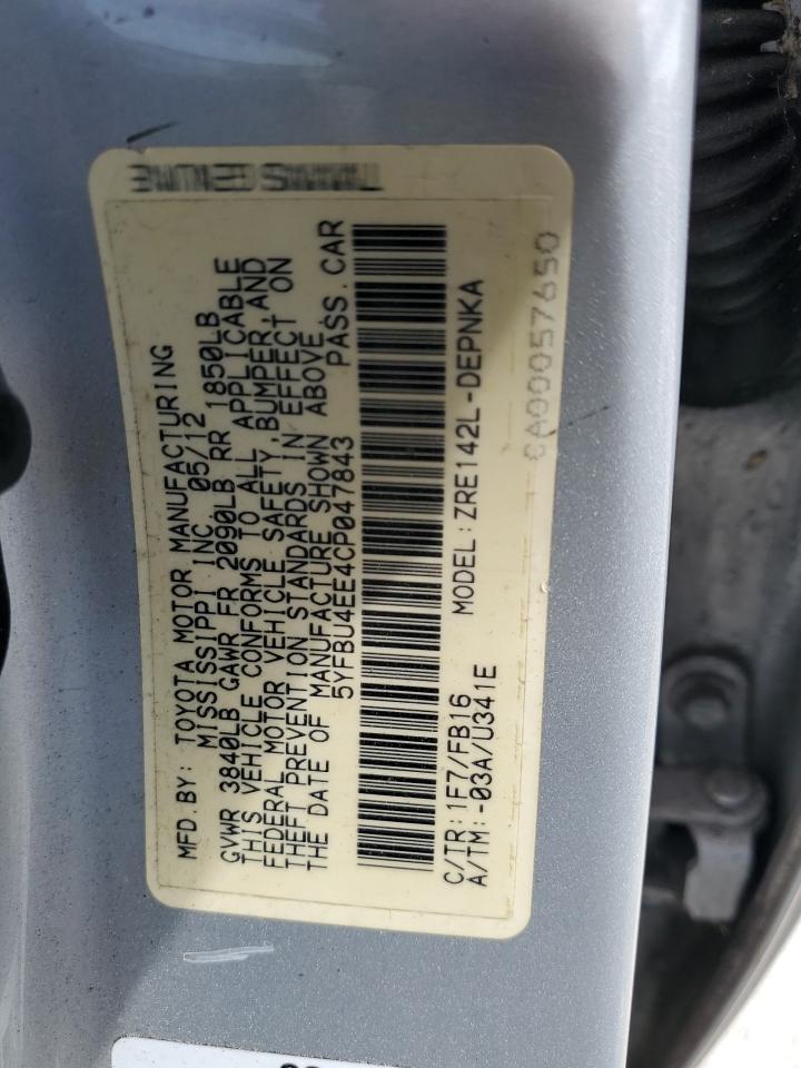 2012 Toyota Corolla Base VIN: 5YFBU4EE4CP047843 Lot: 62837595