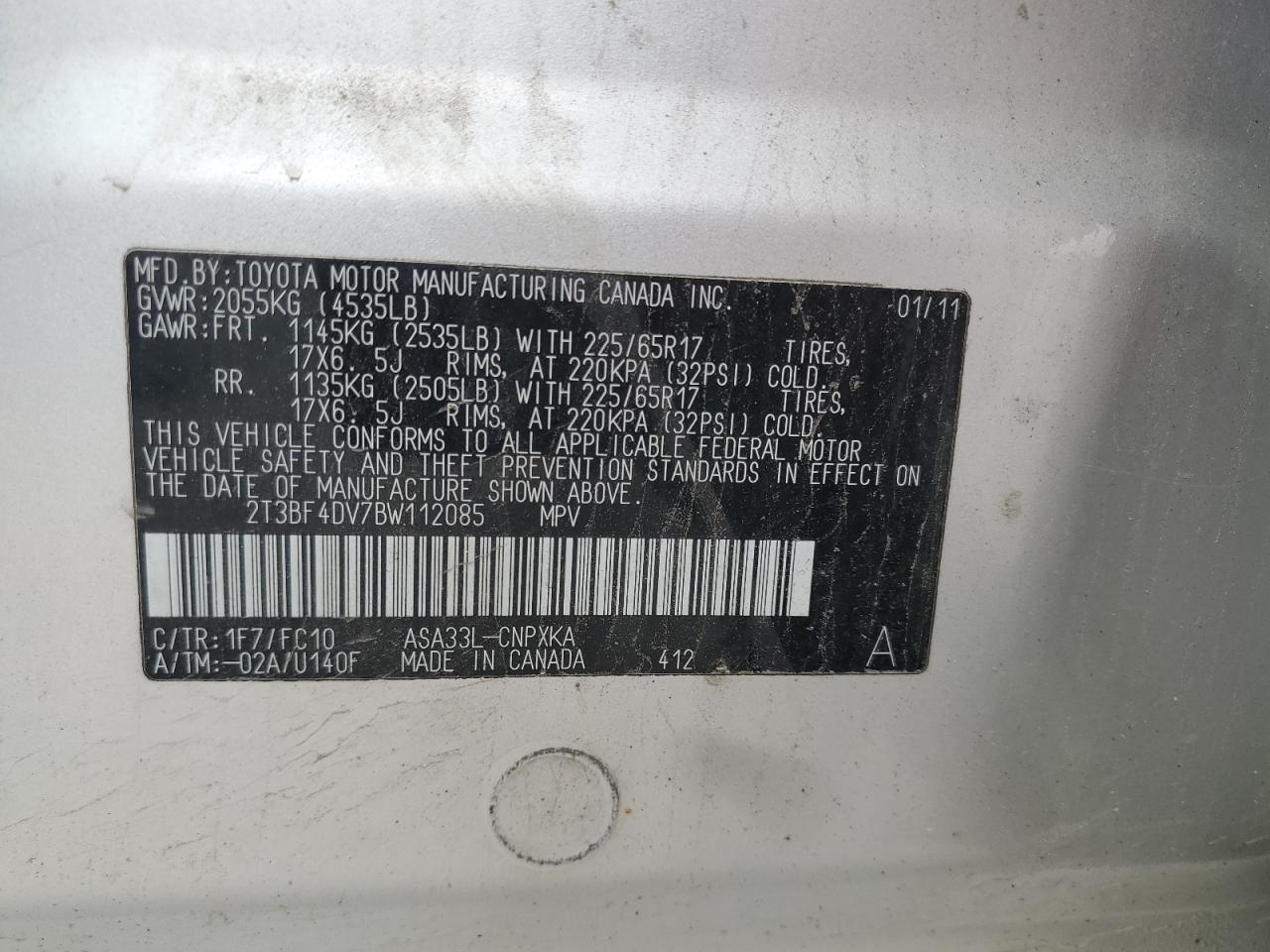 2011 Toyota Rav4 VIN: 2T3BF4DV7BW112085 Lot: 80550445