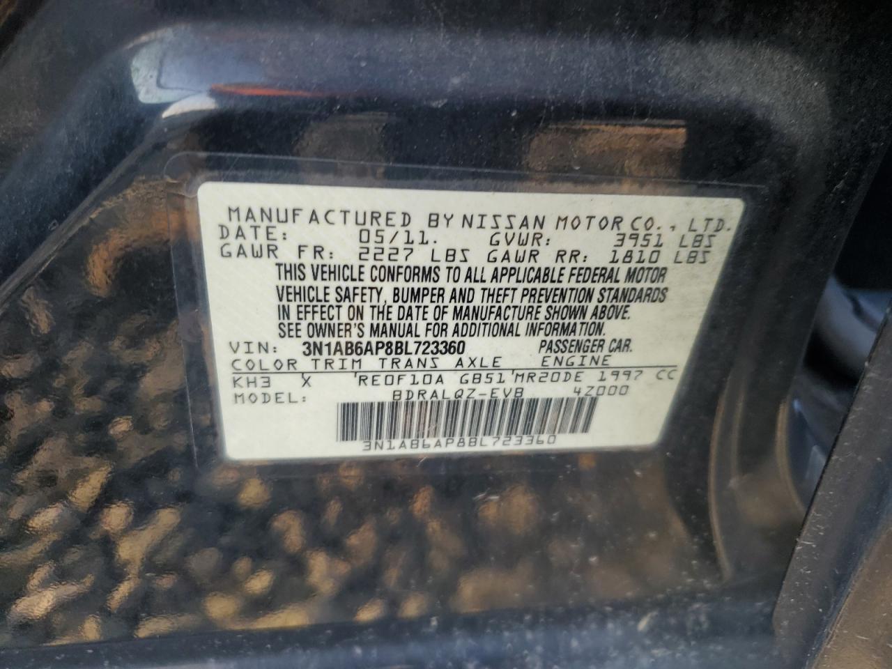 2011 Nissan Sentra 2.0 VIN: 3N1AB6AP8BL723360 Lot: 58323105