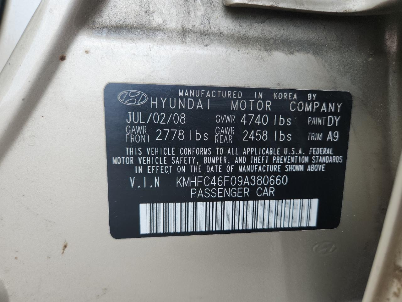 2009 Hyundai Azera Se VIN: KMHFC46F09A380660 Lot: 62120475