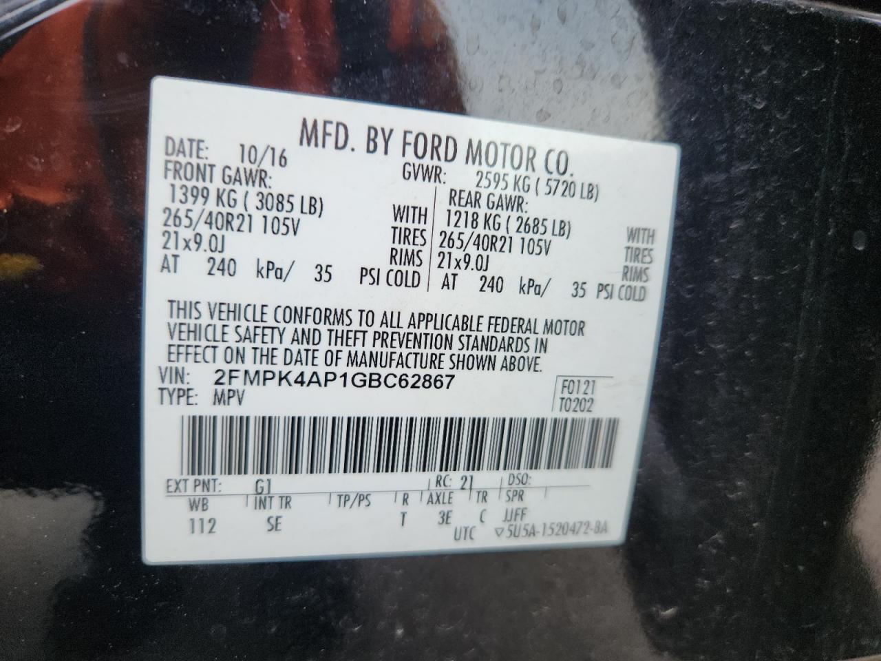 2016 Ford Edge Sport VIN: 2FMPK4AP1GBC62867 Lot: 62873635