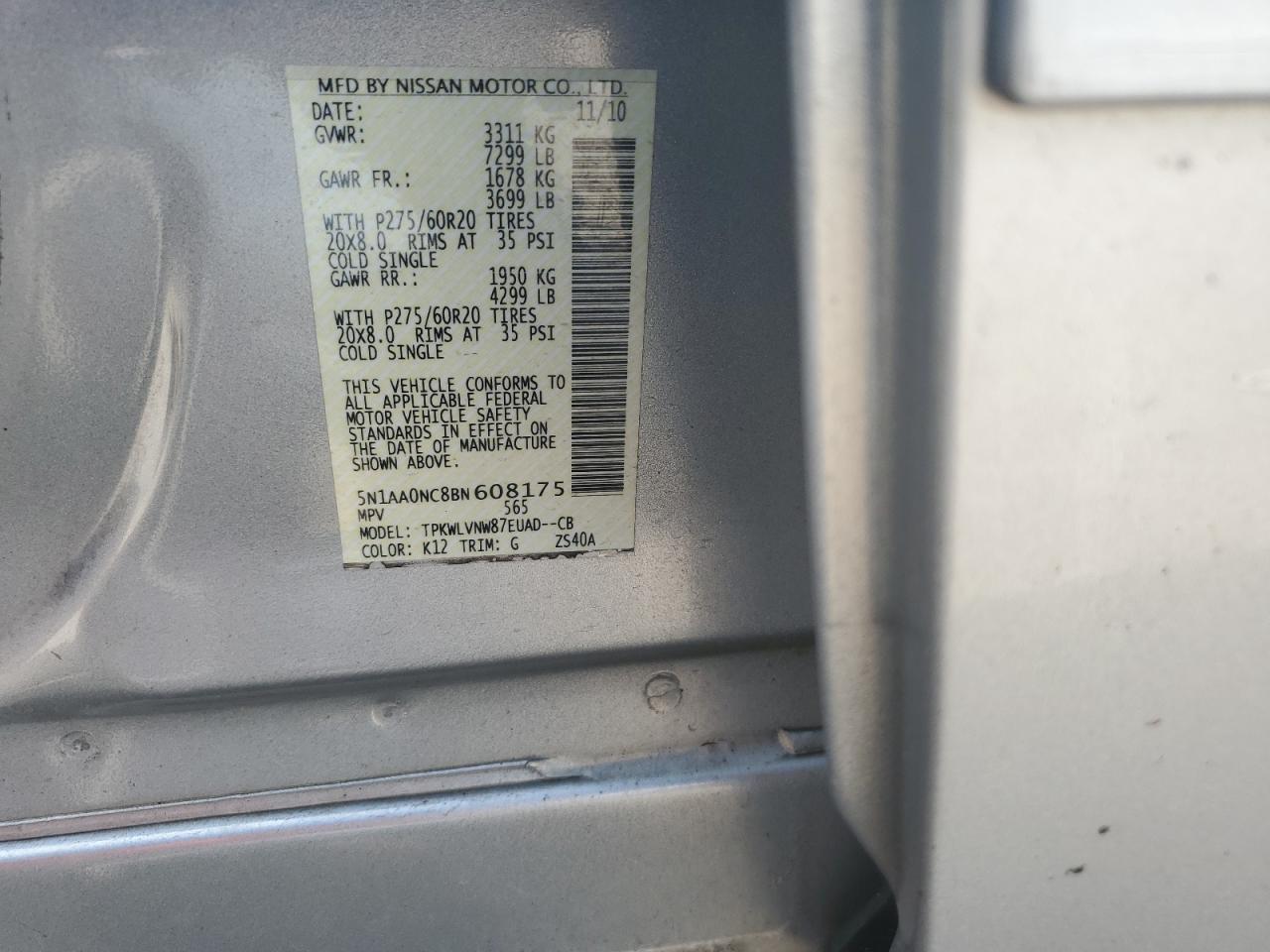 2011 Nissan Armada Sv VIN: 5N1AA0NC8BN608175 Lot: 62550735