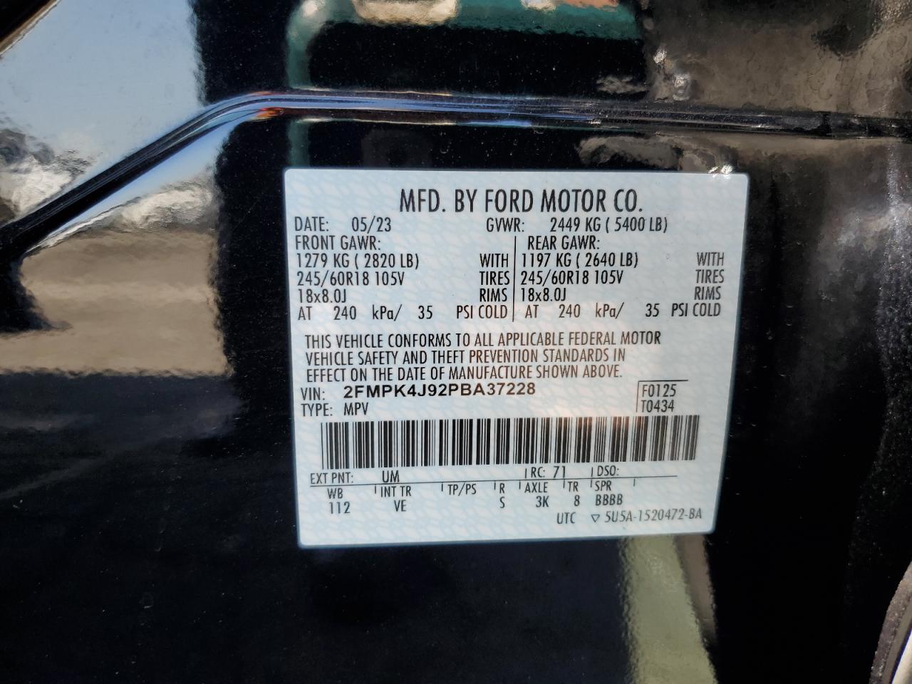 2023 Ford Edge Sel VIN: 2FMPK4J92PBA37228 Lot: 61244165