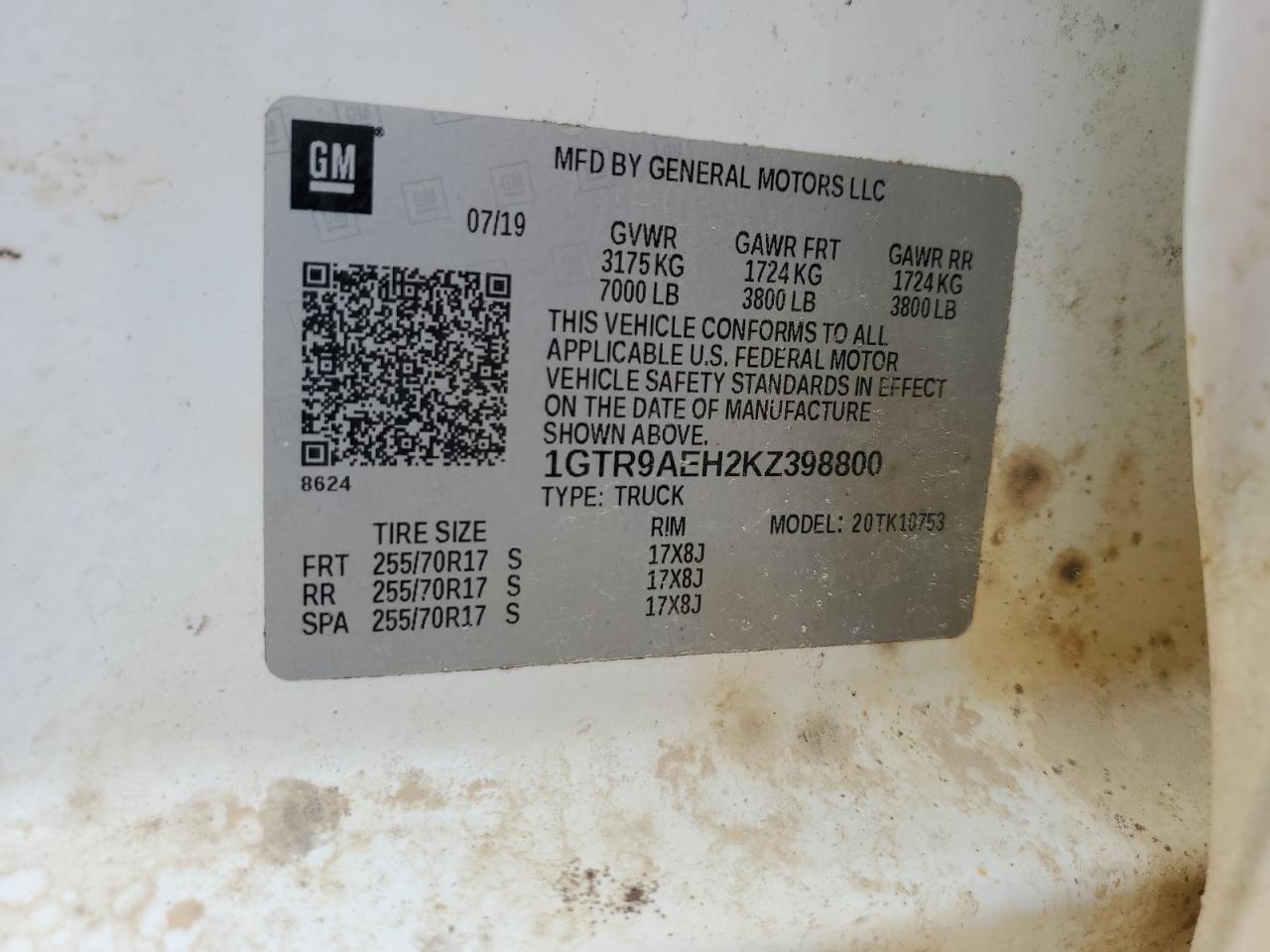 2019 GMC Sierra K1500 VIN: 1GTR9AEH2KZ398800 Lot: 61592635