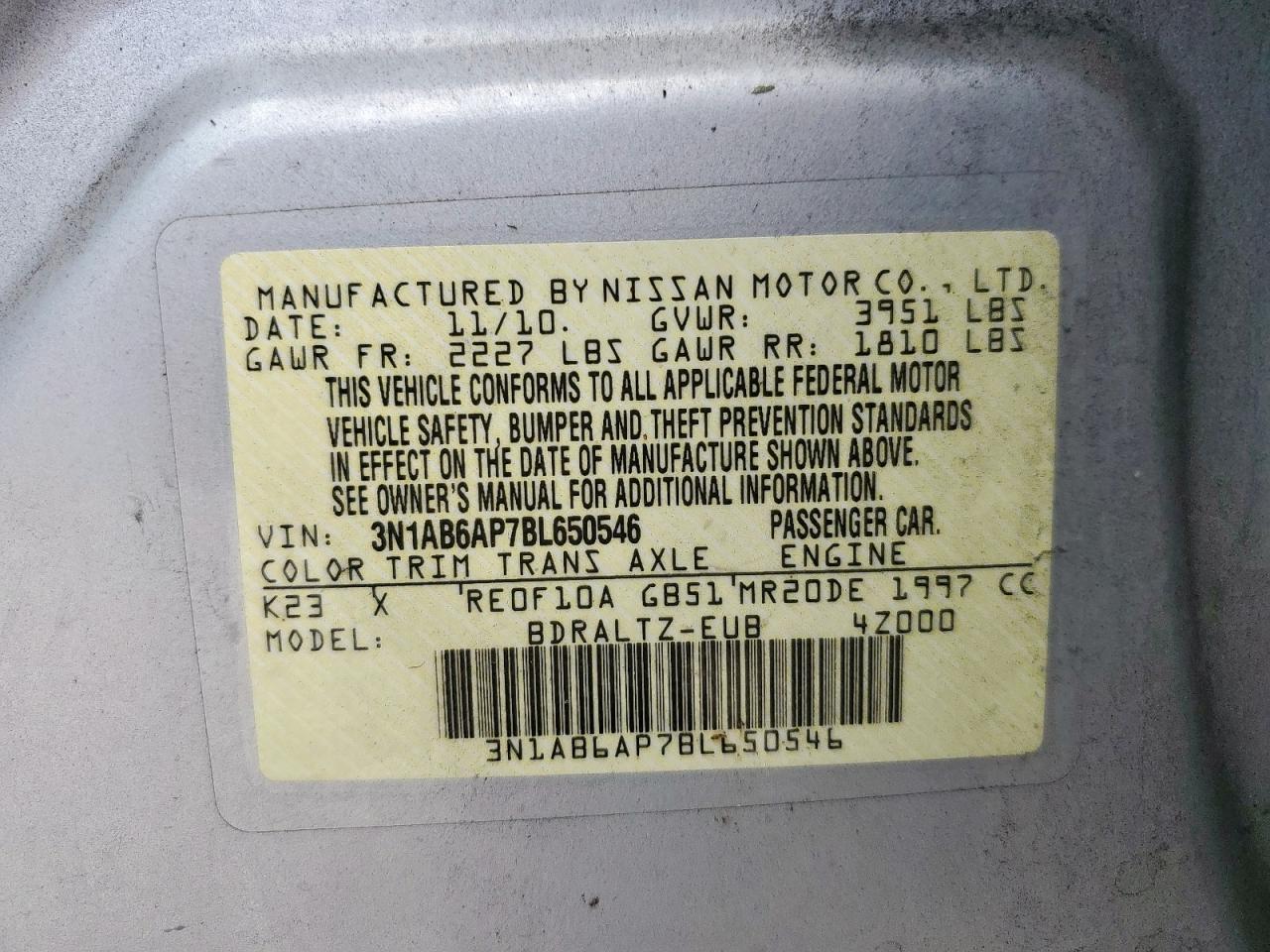 2011 Nissan Sentra 2.0 VIN: 3N1AB6AP7BL650546 Lot: 62641085