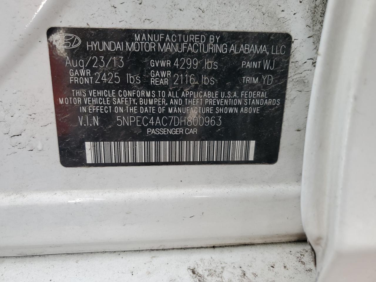 2013 Hyundai Sonata Se VIN: 5NPEC4AC7DH800963 Lot: 61293775