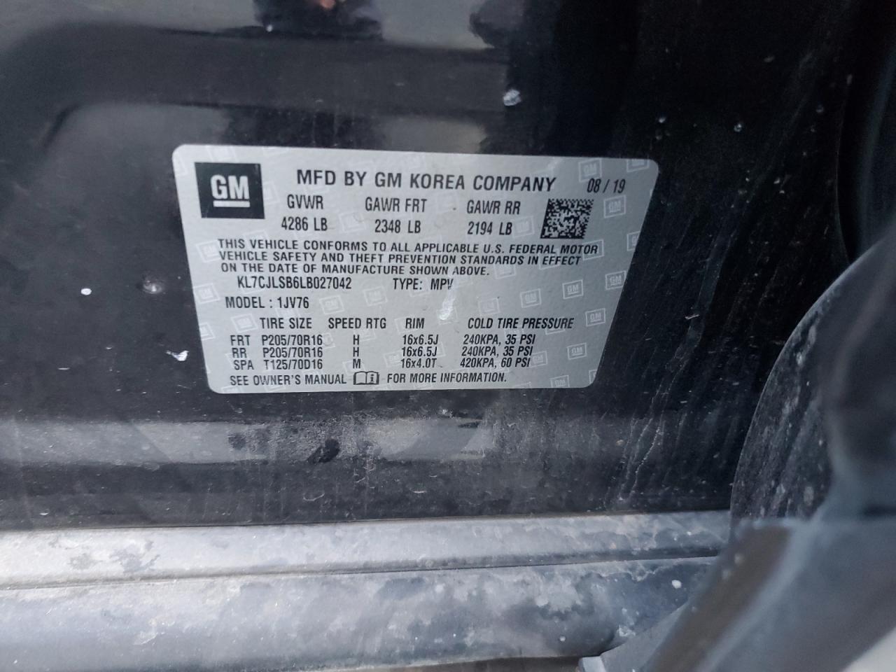 2020 Chevrolet Trax 1Lt VIN: KL7CJLSB6LB027042 Lot: 60493525