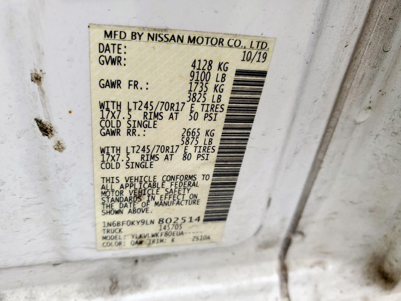 2020 Nissan Nv 2500 S VIN: 1N6BF0KY9LN802514 Lot: 62156915