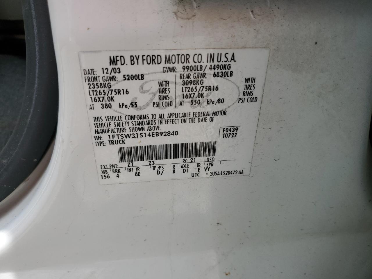 2004 Ford F350 Srw Super Duty VIN: 1FTSW31S14EB92840 Lot: 62576145