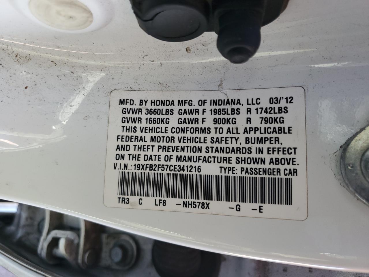 2012 Honda Civic Lx VIN: 19XFB2F57CE341216 Lot: 60490965