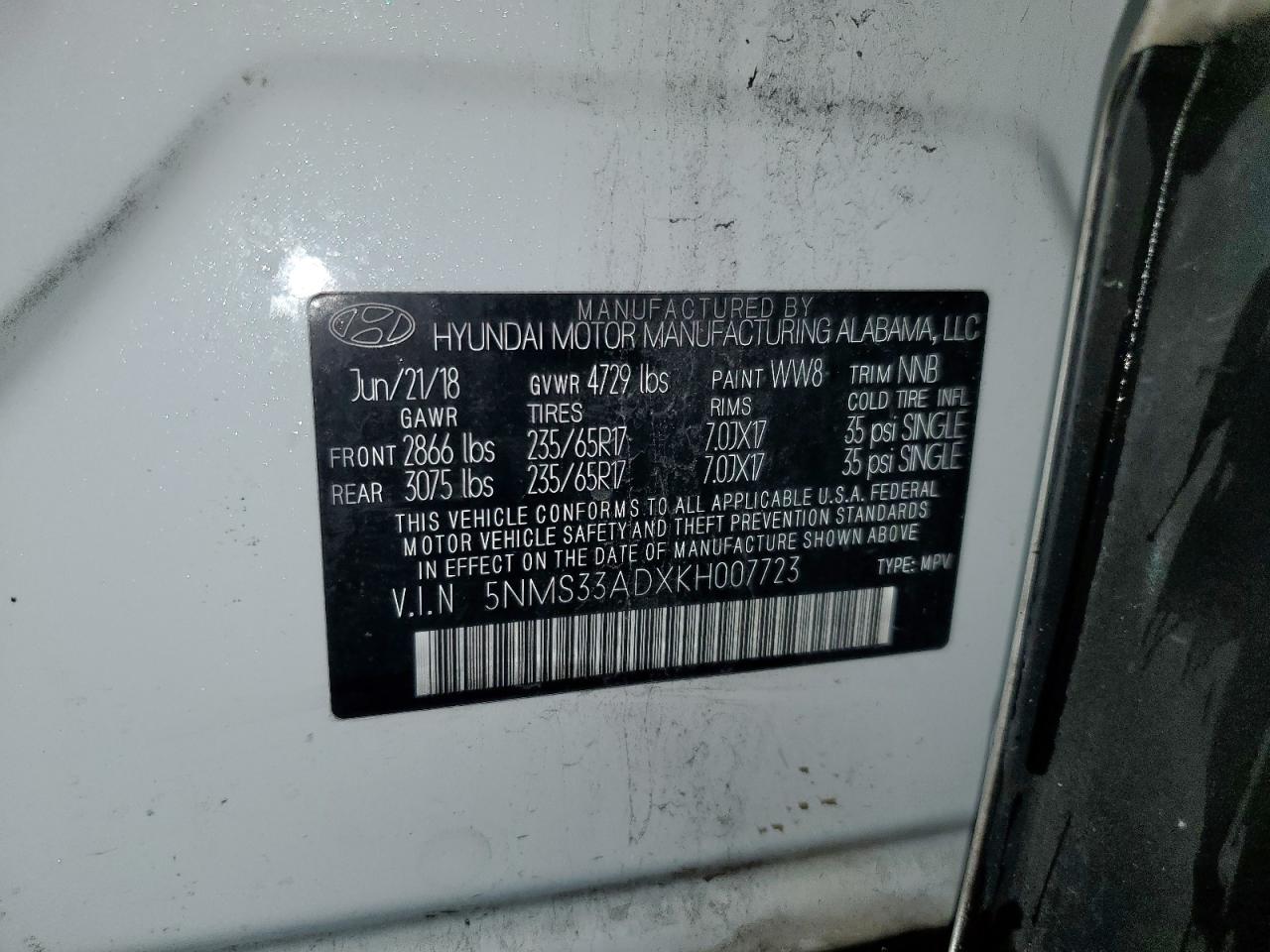 2019 Hyundai Santa Fe Sel VIN: 5NMS33ADXKH007723 Lot: 60727645