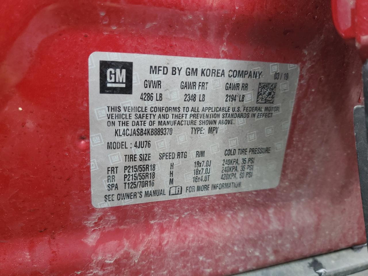 2019 Buick Encore Preferred VIN: KL4CJASB4KB889370 Lot: 61235535