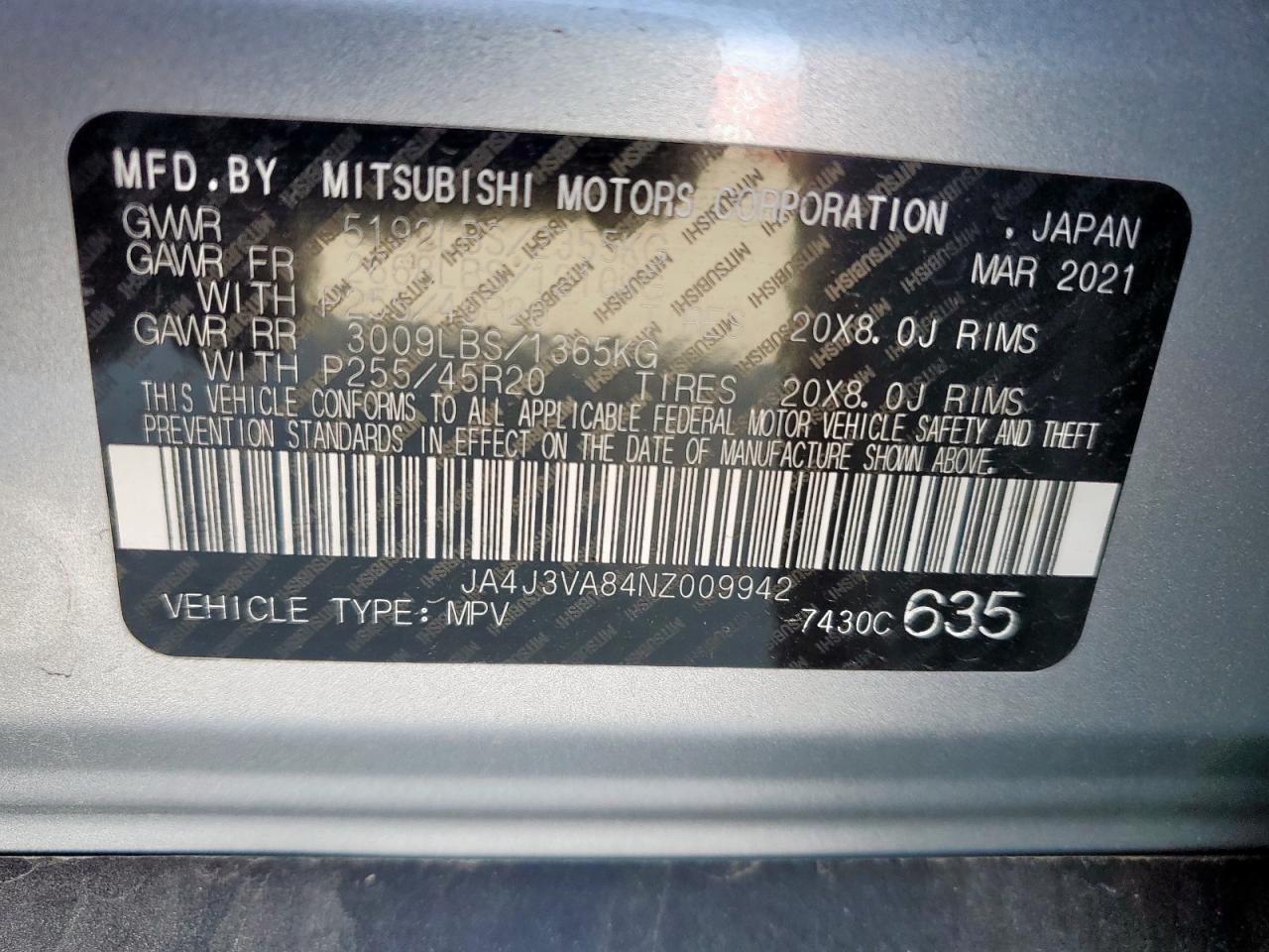 2022 Mitsubishi Outlander Sel VIN: JA4J3VA84NZ009942 Lot: 62904475