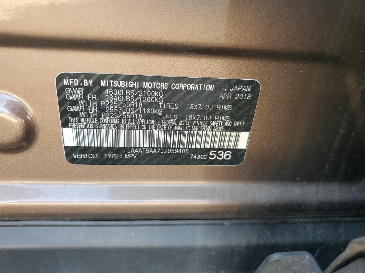2018 Mitsubishi Eclipse Cross Se VIN: JA4AT5AA7JZ059408 Lot: 62475485