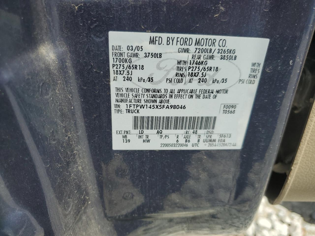 2005 Ford F150 Supercrew VIN: 1FTPW145X5FA98046 Lot: 61680985