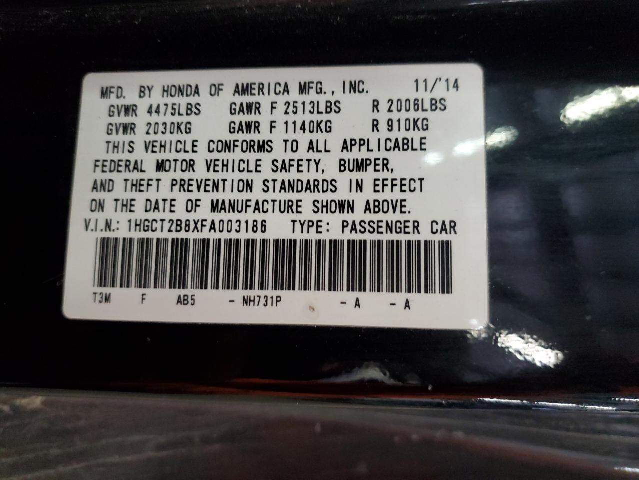 2015 Honda Accord Exl VIN: 1HGCT2B8XFA003186 Lot: 62534085