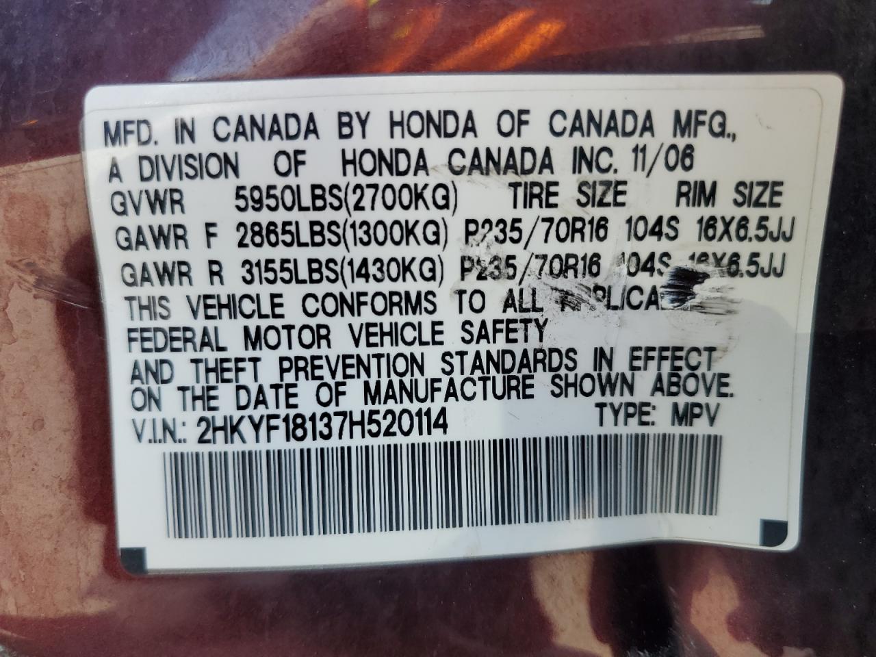 2007 Honda Pilot Lx VIN: 2HKYF18137H520114 Lot: 62695675