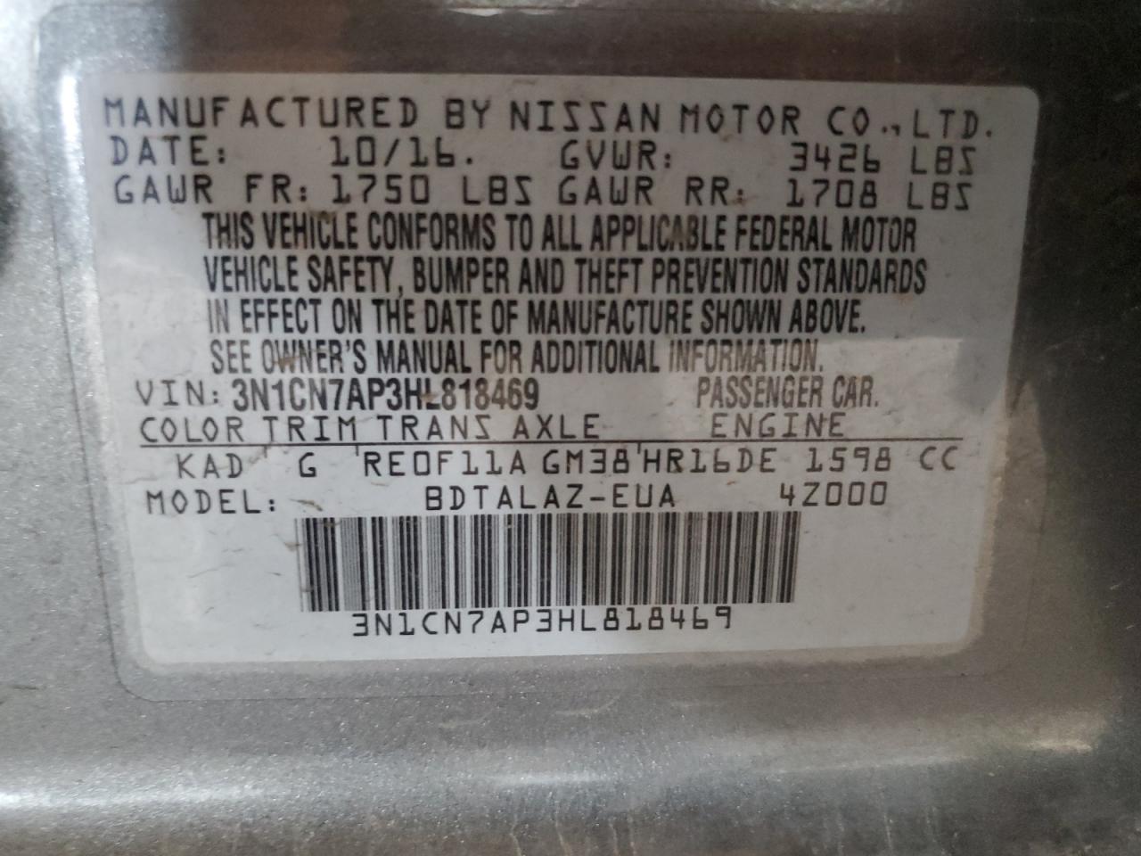2017 Nissan Versa S VIN: 3N1CN7AP3HL818469 Lot: 63080325
