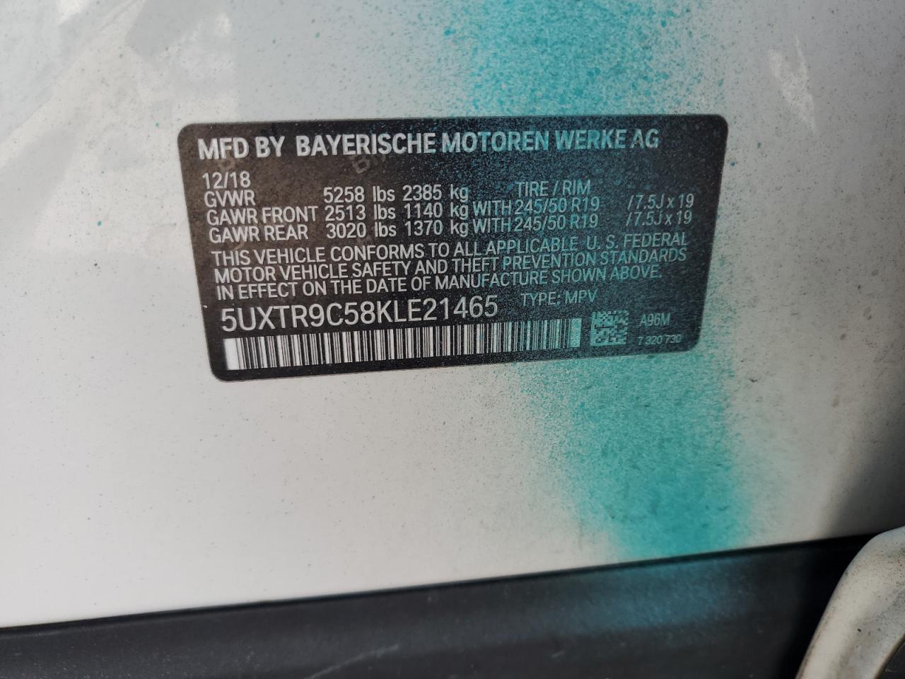 2019 BMW X3 xDrive30I VIN: 5UXTR9C58KLE21465 Lot: 62882425