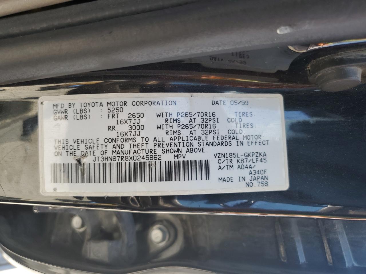 1999 Toyota 4Runner Limited VIN: JT3HN87R8X0245862 Lot: 60376385