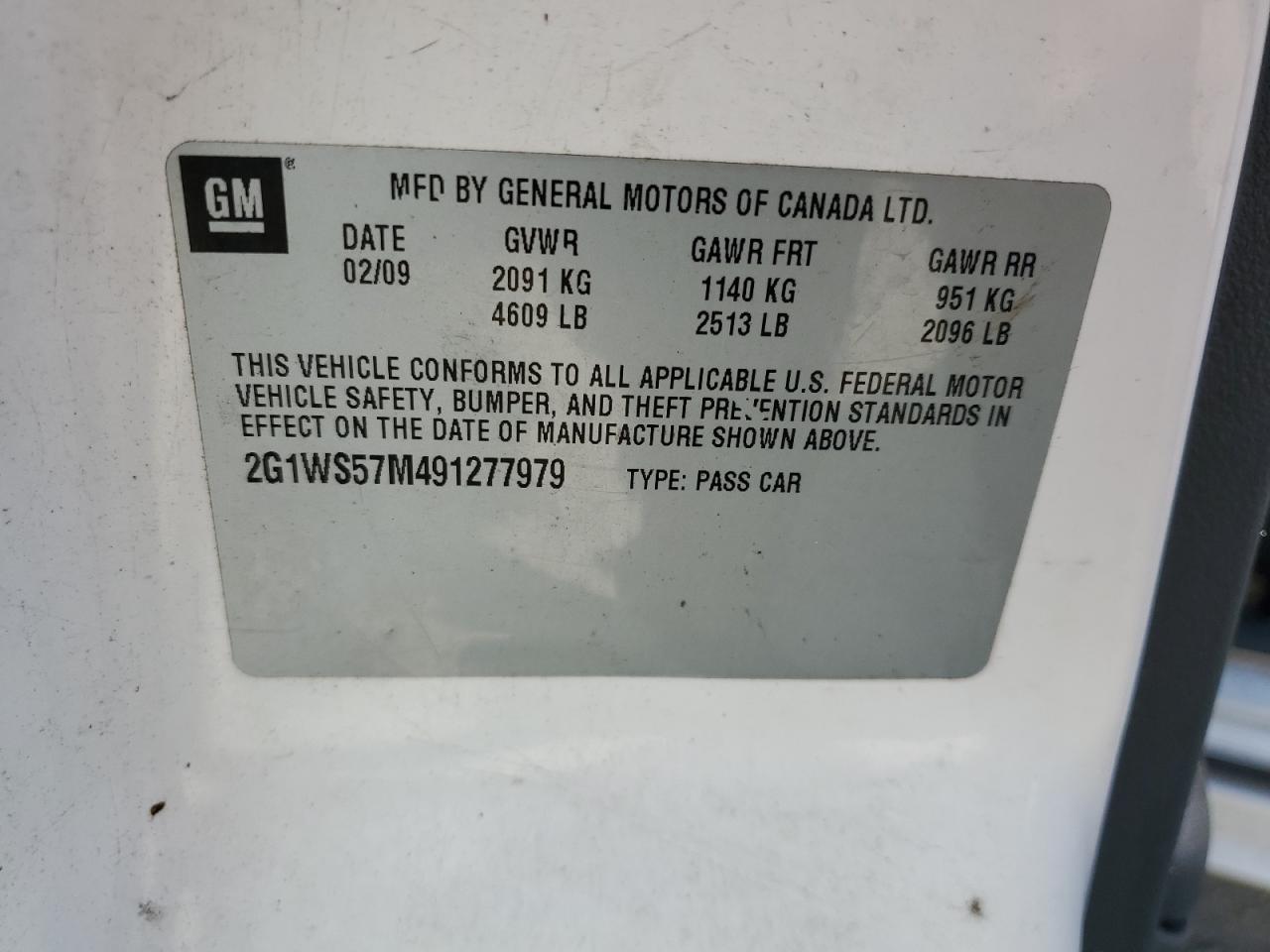 2009 Chevrolet Impala Police VIN: 2G1WS57M491277979 Lot: 62008065