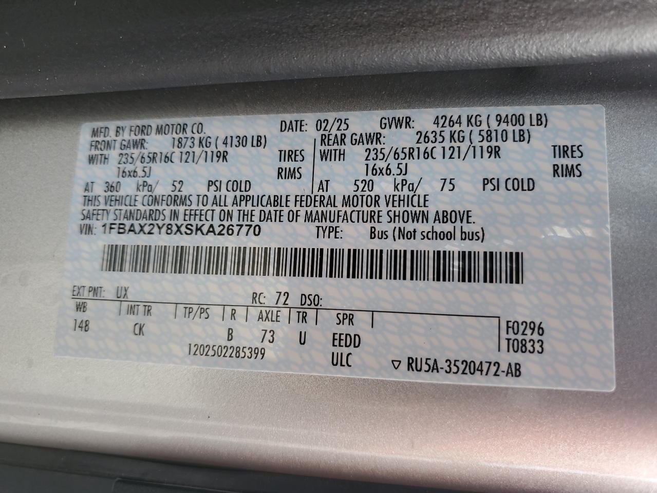 2025 Ford Transit T-350 VIN: 1FBAX2Y8XSKA26770 Lot: 61083245