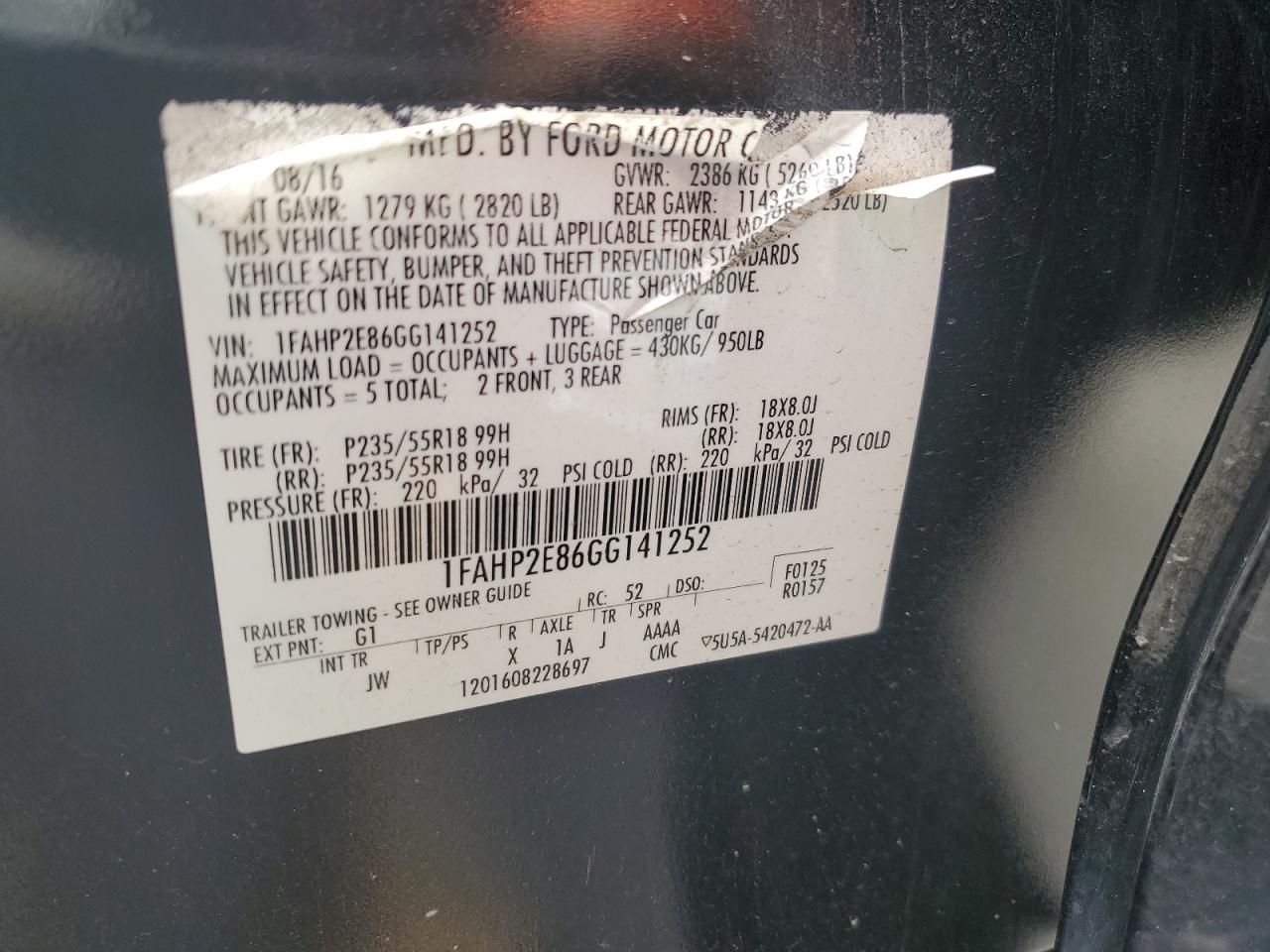 2016 Ford Taurus Sel VIN: 1FAHP2E86GG141252 Lot: 60701595