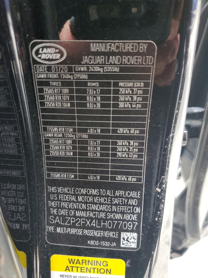 2020 Land Rover Range Rover Evoque Se VIN: SALZP2FX4LH077097 Lot: 62275005