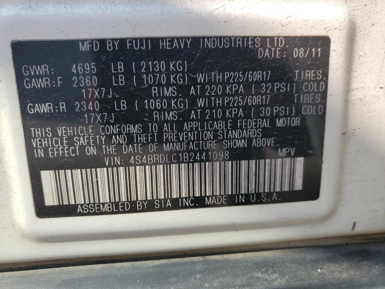2011 Subaru Outback 3.6R Limited VIN: 4S4BRDLC1B2441098 Lot: 59355905