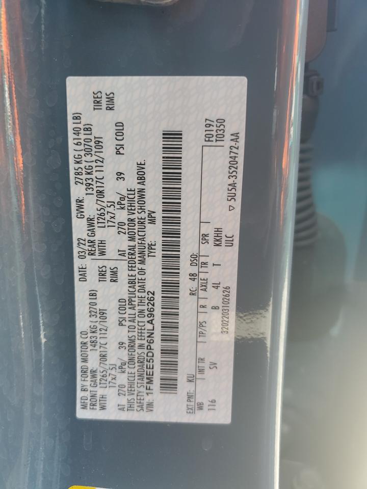 2022 Ford Bronco Base VIN: 1FMEE5DP6NLA96262 Lot: 62369335