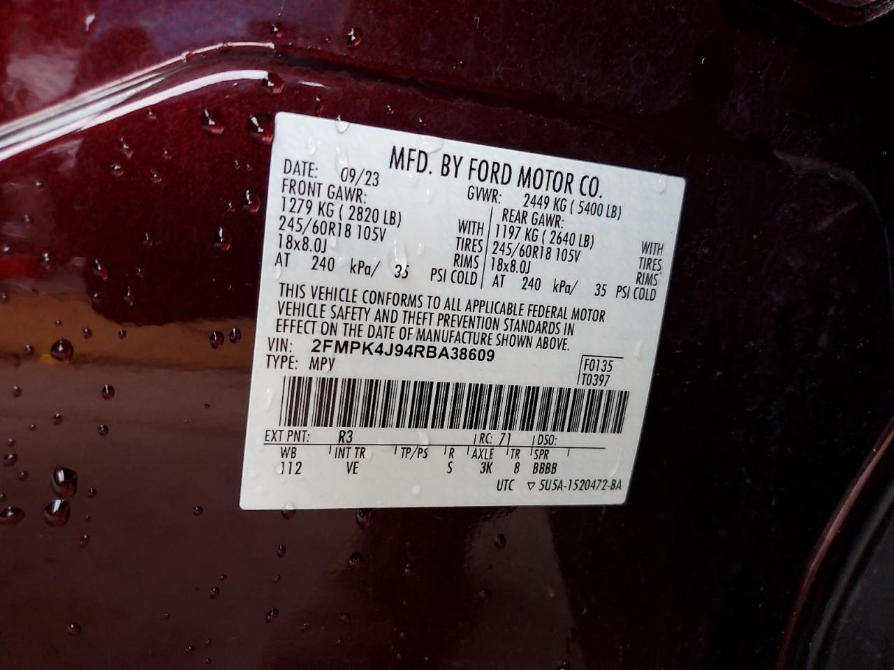 2024 Ford Edge Sel VIN: 2FMPK4J94RBA38609 Lot: 61476295