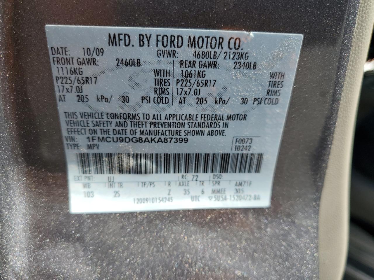 2010 Ford Escape Xlt VIN: 1FMCU9DG8AKA87399 Lot: 61269445