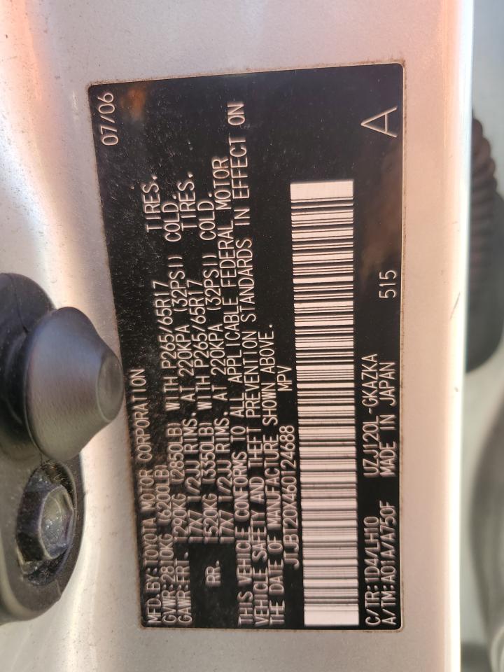 2006 Lexus Gx 470 VIN: JTJBT20X460124688 Lot: 60807075