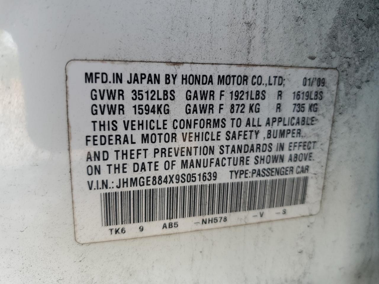 2009 Honda Fit Sport VIN: JHMGE884X9S051639 Lot: 61755785