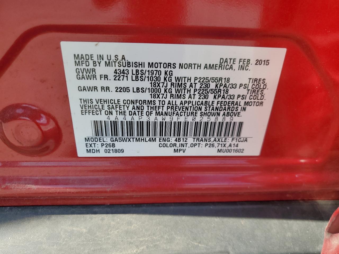 2015 Mitsubishi Outlander Sport Es VIN: 4A4AP3AW9FE025889 Lot: 61431955