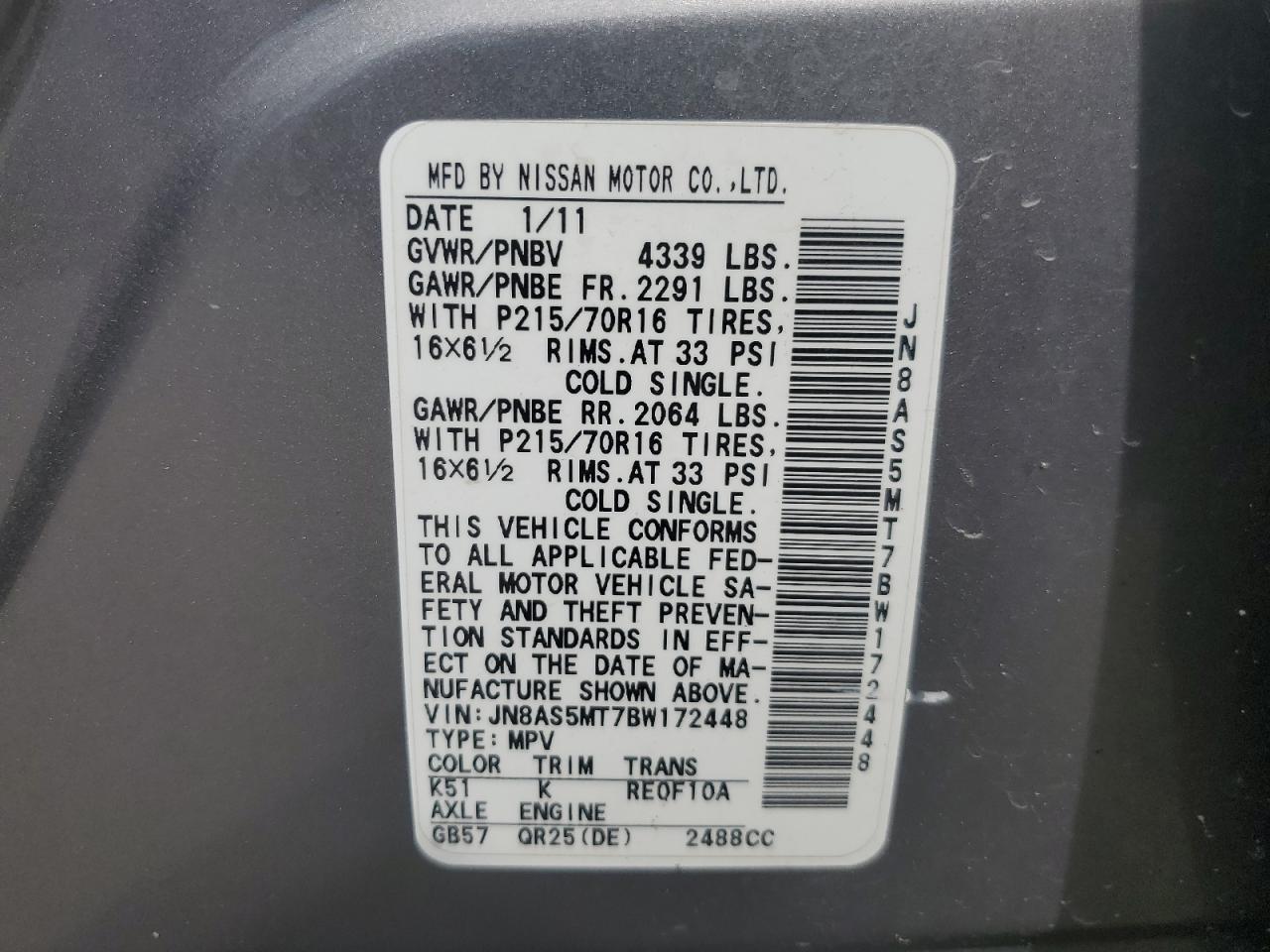 2011 Nissan Rogue S VIN: JN8AS5MT7BW172448 Lot: 60653345